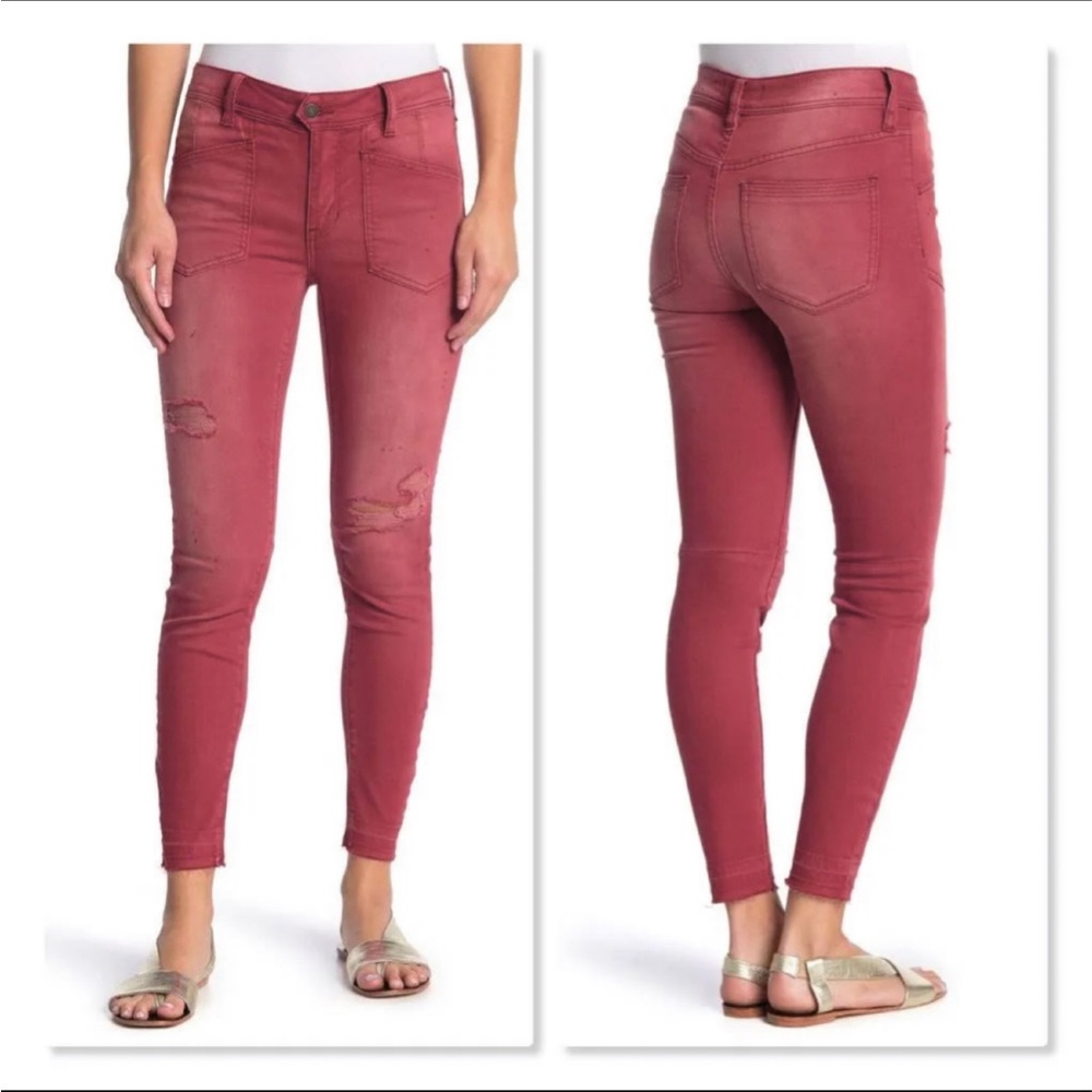 NWOT Free People Ivy Mid Rise Skinny Jeans 27 Saddle Red Distressed